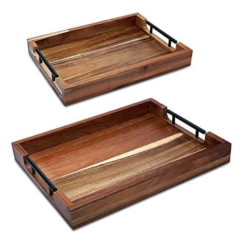 Acacia Wood Serving Tray with Handles Set of 2, Rustic Serving Tray for Ottoman, Wood Nesting Trays, Decorative Serving Trays for Breakfast in Bed,Lunch,Dinner,Coffee Table,BBQ, Party –Great for Lap