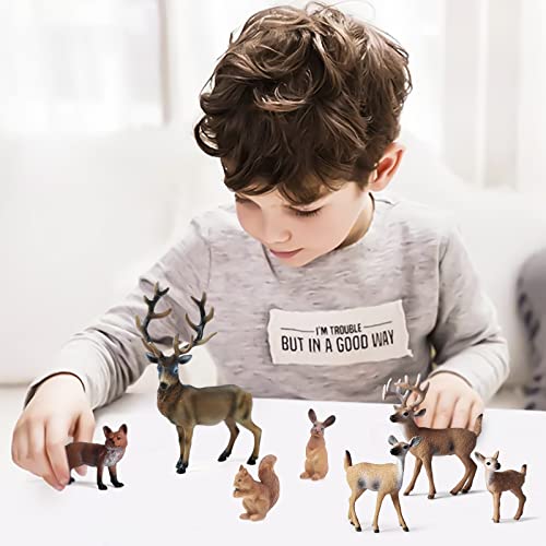 SIENON 7Pcs Forest Animals Figures Toys, Woodland Animals Figurines, Miniature Animals Toys with Deer Family, Elk, Fox, Rabbit, Squirrel for Woodland Theme Cake Cupcake Toppers Christmas Party Décor