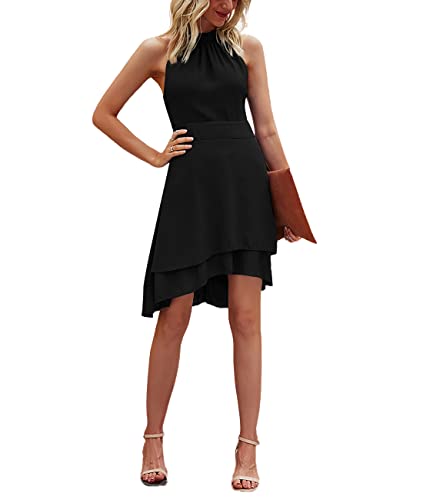 LYANER Women's Halter Sleeveless Pleated Layer Ruffle Hem Elegant Workwear Mini Dress Solid Black Medium