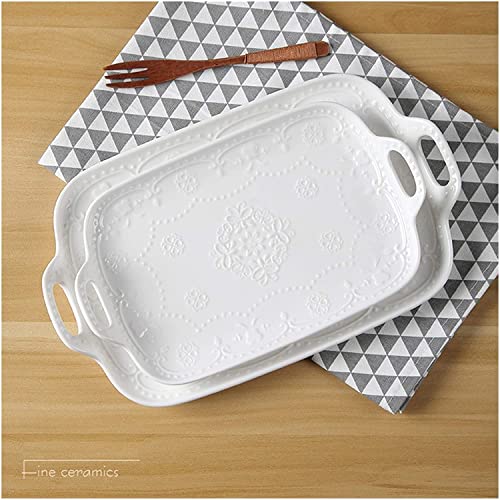 AMDSS Dinner Plate 2pcs Set,10+12inch, White Embossed Porcelain Square Tray with Handle, Ceramic Buffet Tray, Chafing Dish, Display Plate