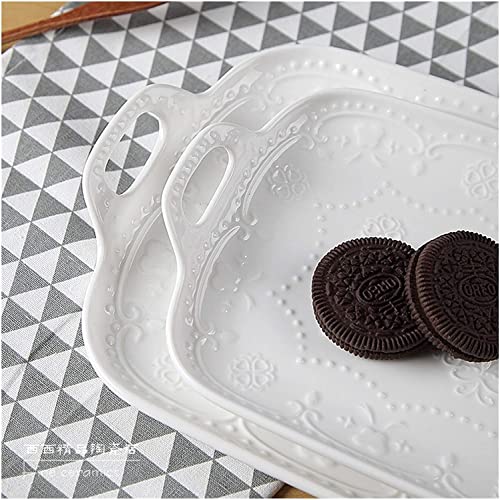 AMDSS Dinner Plate 2pcs Set,10+12inch, White Embossed Porcelain Square Tray with Handle, Ceramic Buffet Tray, Chafing Dish, Display Plate