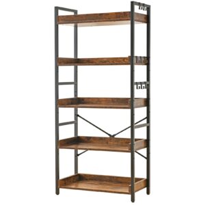 hchqhs bookshelf adjustable 5 tier open bookcase,rustic farmhouse book shelves, industrial wood and black metal bookshelves,mid century bookcase for home office living room bedroom (rustic, 5 tier)