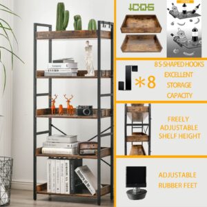 HCHQHS Bookshelf Adjustable 5 Tier Open Bookcase,Rustic Farmhouse Book Shelves, Industrial Wood and Black Metal Bookshelves,Mid Century Bookcase for Home Office Living Room Bedroom (Rustic, 5 Tier)