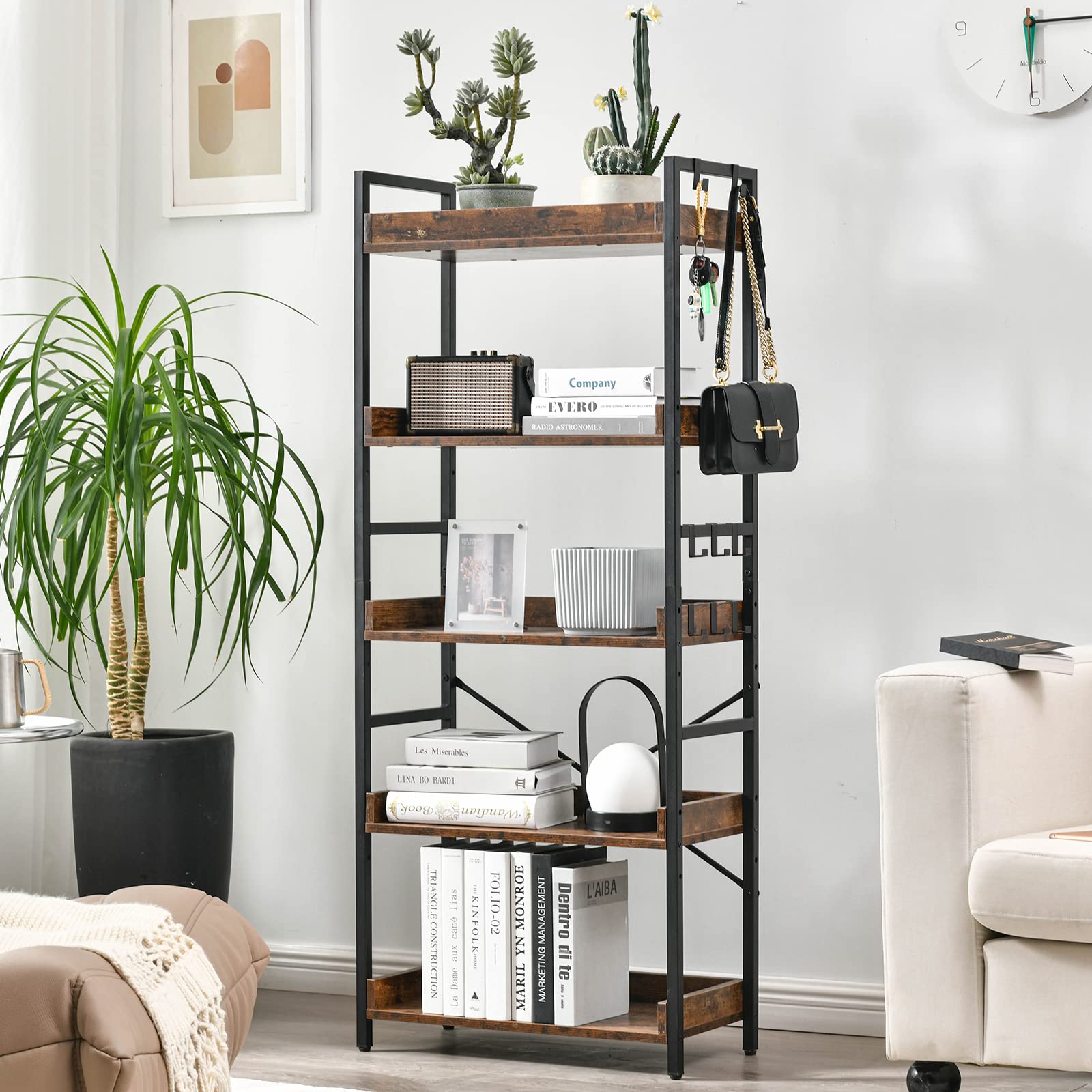 HCHQHS Bookshelf Adjustable 5 Tier Open Bookcase,Rustic Farmhouse Book Shelves, Industrial Wood and Black Metal Bookshelves,Mid Century Bookcase for Home Office Living Room Bedroom (Rustic, 5 Tier)