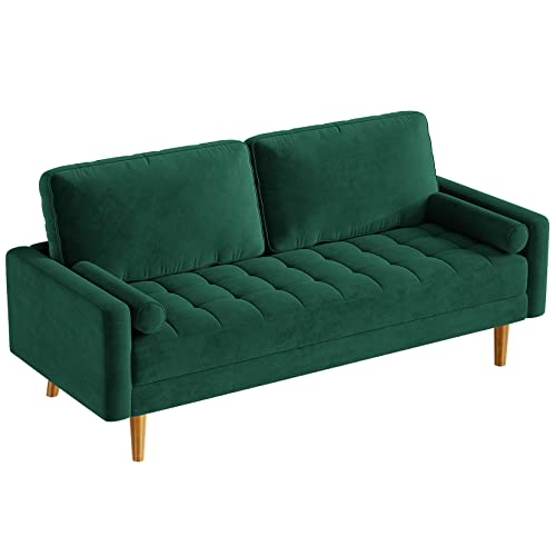 Vesgantti Green Velvet Couch 70 inch, 3 Seater Loveseat Sofa, Mid Century Modern Couches for Living Room, Upholstered Velvet Sofa with 2 Pillows, Button Tufted Sofa for Bedroom, Home Office, Apartment