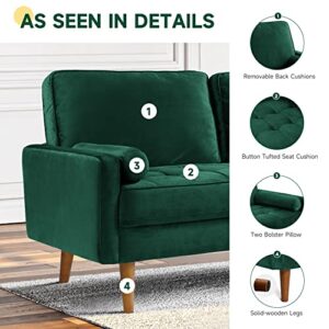 Vesgantti Green Velvet Couch 70 inch, 3 Seater Loveseat Sofa, Mid Century Modern Couches for Living Room, Upholstered Velvet Sofa with 2 Pillows, Button Tufted Sofa for Bedroom, Home Office, Apartment