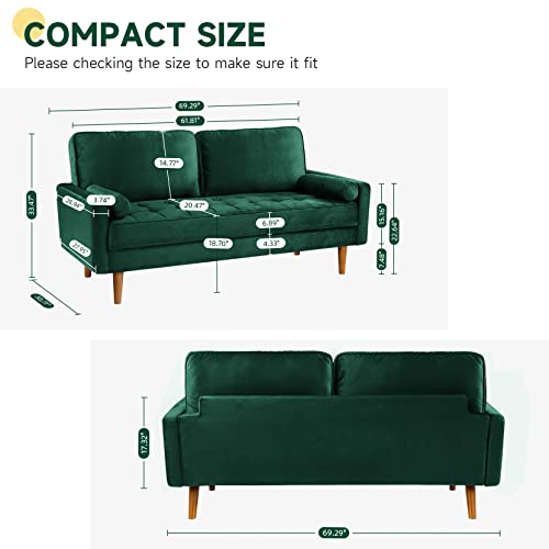 Vesgantti Green Velvet Couch 70 inch, 3 Seater Loveseat Sofa, Mid Century Modern Couches for Living Room, Upholstered Velvet Sofa with 2 Pillows, Button Tufted Sofa for Bedroom, Home Office, Apartment