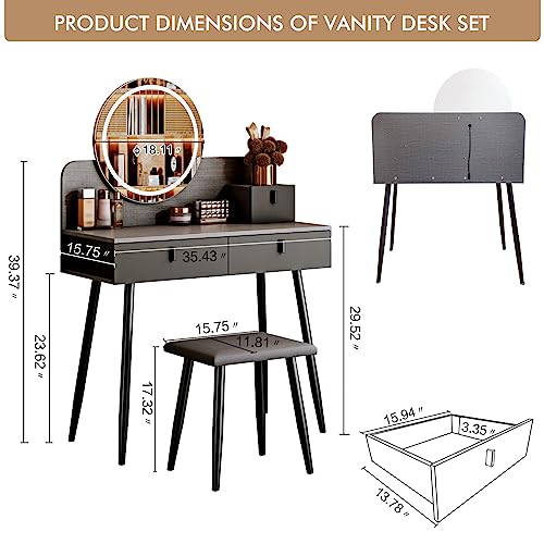 DOLILO 35" Vanity Desk with Mirror and Lights, Makeup Vanity with Lights, 3 Modes Brightness Adjustable, Vanity Mirror with Lights and Table Set with Vanity Stool 3 Sliding Drawers (Iron Grey)