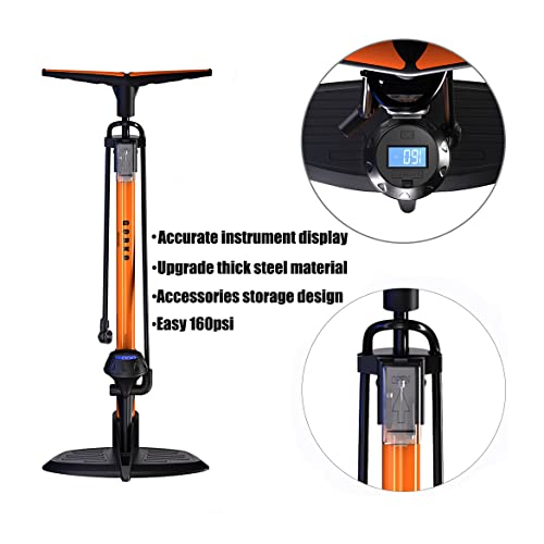 GOBKO Bike Floor Pump with Digital Gauge,Floor Bicycle Pump with Both Presta and Schrader Bicycle Pumps Valves High Pressure 160Psi Multi-Purpose Portable Air Pump for Road Bike MTB Sports Balls