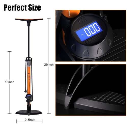 GOBKO Bike Floor Pump with Digital Gauge,Floor Bicycle Pump with Both Presta and Schrader Bicycle Pumps Valves High Pressure 160Psi Multi-Purpose Portable Air Pump for Road Bike MTB Sports Balls