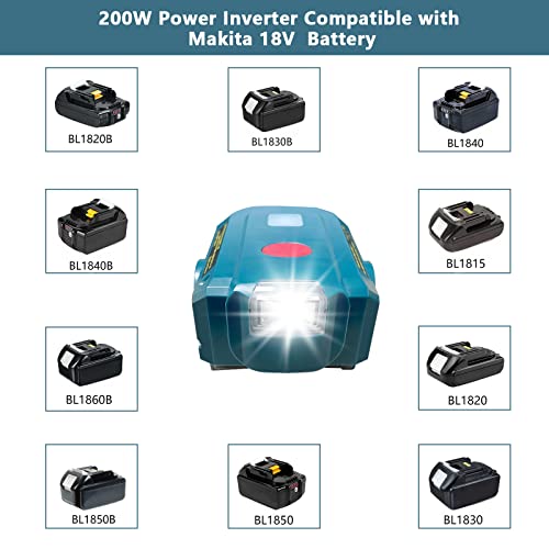 200W Power Inverter for Makita 18V Battery Outdoor Generators,DC 18V to AC 110V Portable Power Source with AC Outlet &USB Port&Type-C Port& LED Light Charger Adapter (for Makita Power Station)