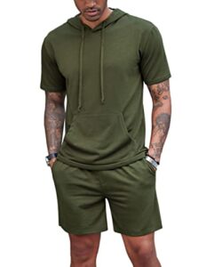 coofandy mens 2 piece short sleeve hooded athletic tracksuit casual sports sweatsuit workout gym hoodie and shorts set