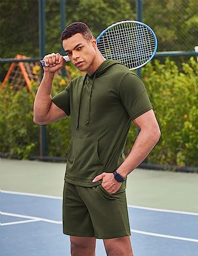 COOFANDY Mens 2 Piece Short Sleeve Hooded Athletic Tracksuit Casual Sports Sweatsuit Workout Gym Hoodie and Shorts Set