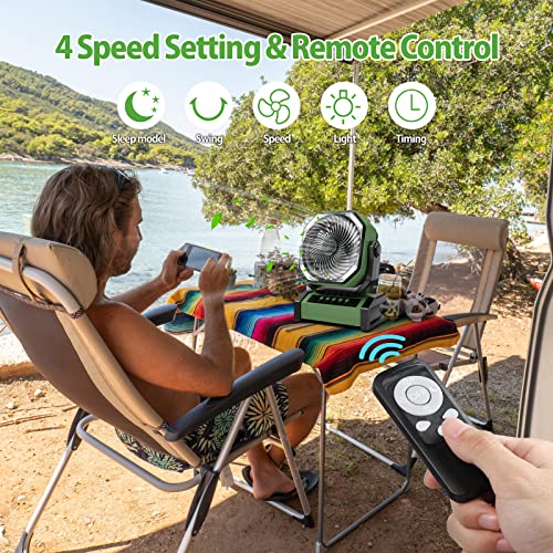 AddAcc 20000mAh Rechargeable Floor Fan, Battery Operated Camping Fan with Light & Remote, 4 Speeds Run Upto 60Hrs, 90° Auto Oscillating Tent Fan for Outdoor Trip RV Power Outage Shop Garage