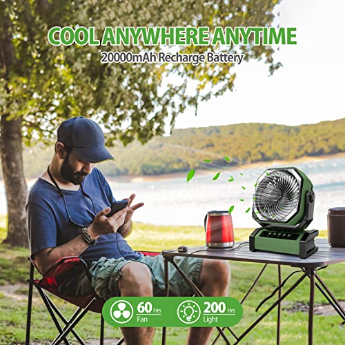 AddAcc 20000mAh Rechargeable Floor Fan, Battery Operated Camping Fan with Light & Remote, 4 Speeds Run Upto 60Hrs, 90° Auto Oscillating Tent Fan for Outdoor Trip RV Power Outage Shop Garage