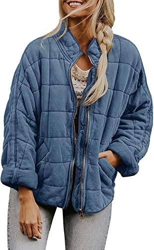 utcoco Women's Causal Lightweight Jacket Stand Collar Long Sleeve Zip Up Winter Coats for Women (Large, Blue Grey)