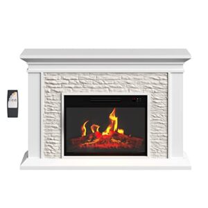 electric fireplace with mantel - freestanding heater with remote control, light-adjustable led flames, and faux logs and stones by northwest (white)