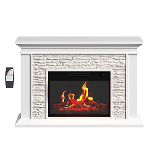 Electric Fireplace with Mantel - Freestanding Heater with Remote Control, Light-Adjustable LED Flames, and Faux Logs and Stones by Northwest (White)