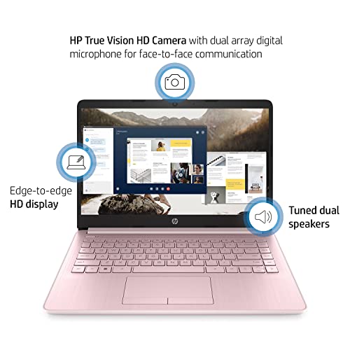 HP Premium 14-inch HD Thin and Light Laptop, Intel Dual-Core Processor, 8GB RAM, 64GB Storage, Long Battery Life, Webcam, Bluetooth, HDMI, Wi-Fi, Pink, Windows 11 + 1 Year Microsoft 365