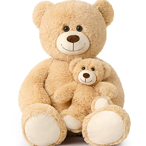 Tezituor Giant Teddy Bear Stuffed Animal 39in, Large Teddy Bear Mommy with Baby, Big Teddy Bear Stuffed Bear for Kids, Girlfriend on Mother's Day, Valentine, Christmas, Baby Shower, Light Brown