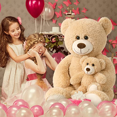 Tezituor Giant Teddy Bear Stuffed Animal 39in, Large Teddy Bear Mommy with Baby, Big Teddy Bear Stuffed Bear for Kids, Girlfriend on Mother's Day, Valentine, Christmas, Baby Shower, Light Brown