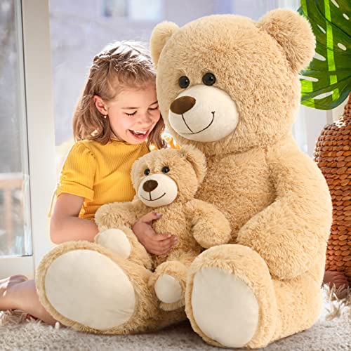 Tezituor Giant Teddy Bear Stuffed Animal 39in, Large Teddy Bear Mommy with Baby, Big Teddy Bear Stuffed Bear for Kids, Girlfriend on Mother's Day, Valentine, Christmas, Baby Shower, Light Brown