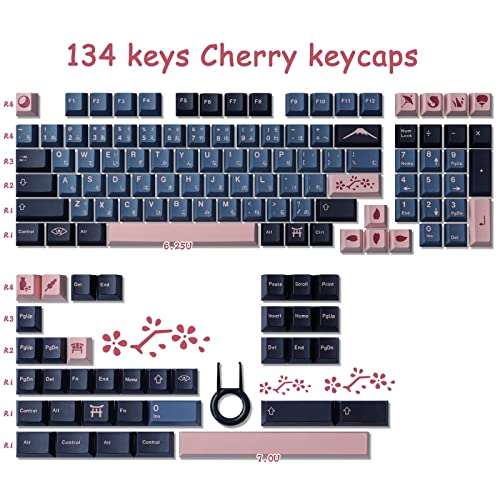 Tsungup Japanese Keycaps, 134 Keys Cherry Profile NightSakura Keycaps Dye Sublimation PBT Keycaps with 6.25U 7U Spacebar for Cherry MX Switches Mechanical Keyboard