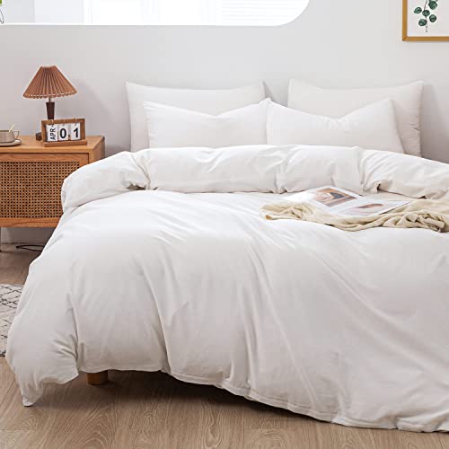 PATSAY 100% Cotton Linen-Like Textured Duvet Cover Set, 3 Piece Luxury White Bedding Set Queen Size, Soft and Breathable, with Zipper Closure and Corner Ties (1 Duvet Cover+2 Pillowcases)