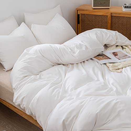 PATSAY 100% Cotton Linen-Like Textured Duvet Cover Set, 3 Piece Luxury White Bedding Set Queen Size, Soft and Breathable, with Zipper Closure and Corner Ties (1 Duvet Cover+2 Pillowcases)