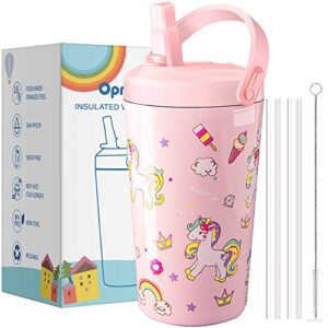 opreine kids tumbler with lid and straw, 14oz insulated water bottle with straw, stainless steel kids cup for girls, double wall vacuum thermos water bottle for school sports travel, pink unicorn