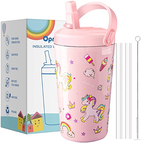 Opreine Kids Tumbler with Lid and Straw, 14oz Insulated Water Bottle with Straw, Stainless Steel Kids Cup for Girls, Double Wall Vacuum Thermos Water Bottle for School Sports Travel, Pink Unicorn