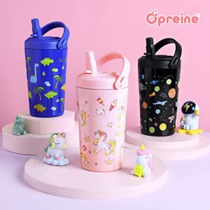 Opreine Kids Tumbler with Lid and Straw, 14oz Insulated Water Bottle with Straw, Stainless Steel Kids Cup for Girls, Double Wall Vacuum Thermos Water Bottle for School Sports Travel, Pink Unicorn