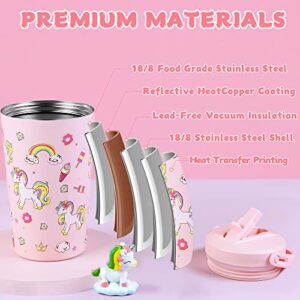 Opreine Kids Tumbler with Lid and Straw, 14oz Insulated Water Bottle with Straw, Stainless Steel Kids Cup for Girls, Double Wall Vacuum Thermos Water Bottle for School Sports Travel, Pink Unicorn