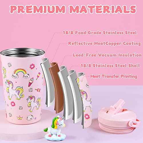 Opreine Kids Tumbler with Lid and Straw, 14oz Insulated Water Bottle with Straw, Stainless Steel Kids Cup for Girls, Double Wall Vacuum Thermos Water Bottle for School Sports Travel, Pink Unicorn