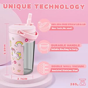 Opreine Kids Tumbler with Lid and Straw, 14oz Insulated Water Bottle with Straw, Stainless Steel Kids Cup for Girls, Double Wall Vacuum Thermos Water Bottle for School Sports Travel, Pink Unicorn