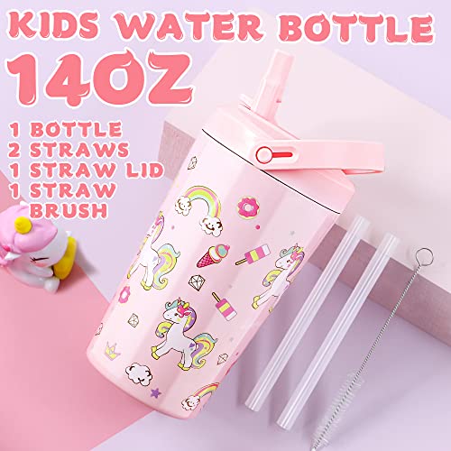 Opreine Kids Tumbler with Lid and Straw, 14oz Insulated Water Bottle with Straw, Stainless Steel Kids Cup for Girls, Double Wall Vacuum Thermos Water Bottle for School Sports Travel, Pink Unicorn