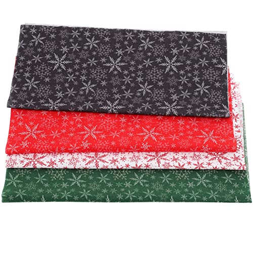 4 Pieces Snowflake Printing Fabric, Christmas Fabric Squares Quilting Fabric Patchwork Snowflake Printed Fabric Scraps for Dress Apron Gift Wrapping Sewing Work DIY Craft