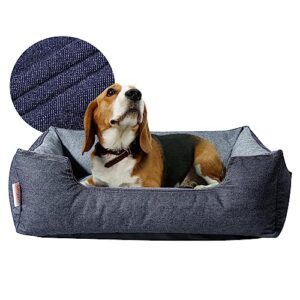 miguel denim tough dog bed for medium dog with washable removable cover - durable pet bed large cats zipper bolster cuddle puppy bed with supportive side wall slip-resistant bottom, blue 30 inch