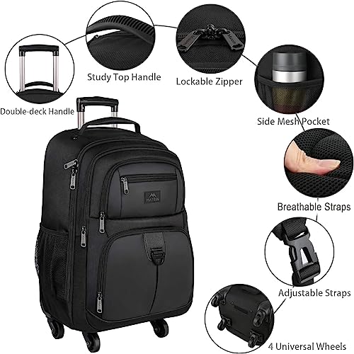 Roller Backpack, 18 inch Large Travel Laptop Bag with 4 Wheels for Adults, Heavy Duty Wheeled Suitcase Luggage Pack for Work Business, Rolling Spinner Computer Rucksack for Women Men Nursing, Black