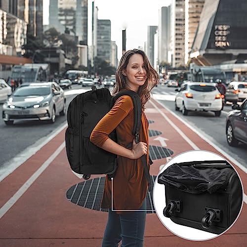 Roller Backpack, 18 inch Large Travel Laptop Bag with 4 Wheels for Adults, Heavy Duty Wheeled Suitcase Luggage Pack for Work Business, Rolling Spinner Computer Rucksack for Women Men Nursing, Black