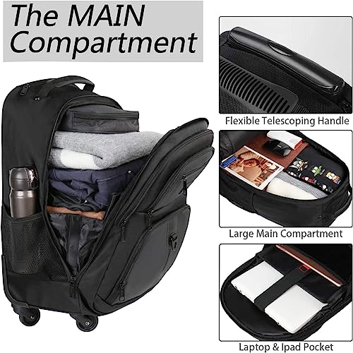 Roller Backpack, 18 inch Large Travel Laptop Bag with 4 Wheels for Adults, Heavy Duty Wheeled Suitcase Luggage Pack for Work Business, Rolling Spinner Computer Rucksack for Women Men Nursing, Black