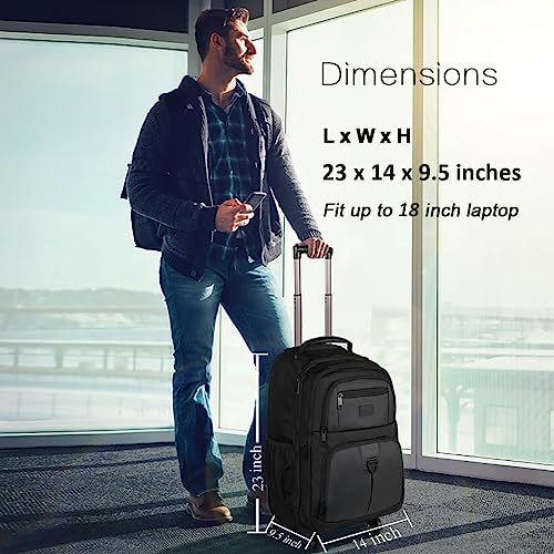 Roller Backpack, 18 inch Large Travel Laptop Bag with 4 Wheels for Adults, Heavy Duty Wheeled Suitcase Luggage Pack for Work Business, Rolling Spinner Computer Rucksack for Women Men Nursing, Black