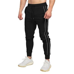 brokig men double whitelines athletic open bottom sweatpants,casual workout lounge pants with zipper pockets,slim fit gym joggers for men (x-large, black)