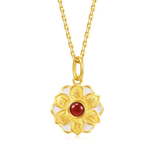 CHOW SANG SANG Cultural Blessing 999.9 24K Solid Gold Om Mani Padme Hum with Red Agate Pendant for Women 93484P | [Not Include the Necklace]