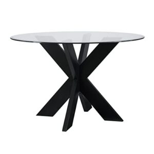 powell black wood modern round glass top parnell x base dining table