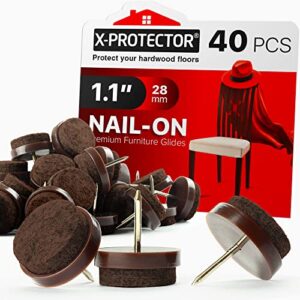 nail-on felt pads x-protector 40 pcs - 1.1" felt furniture pads - brown chair leg floor protectors - nail in furniture pads for furniture legs - the best felt chair pads for hardwood floors (28mm)!