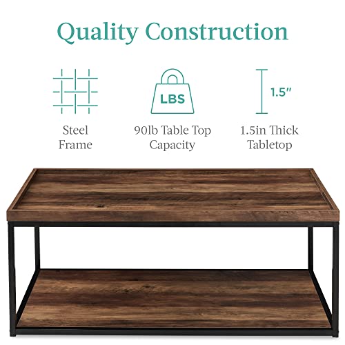 Best Choice Products 44in 2-Tier Rectangular Tray Top Coffee Table, Recessed Accent Furniture for Home w/Metal Frame, Shelf - Brown