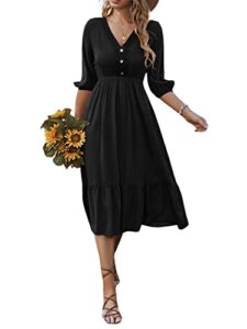 oyoangle women's swiss dot lace fake button 3/4 lantern sleeve ruffle hem v neck a line flowy midi dress black m