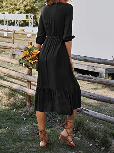 OYOANGLE Women's Swiss Dot Lace Fake Button 3/4 Lantern Sleeve Ruffle Hem V Neck A Line Flowy Midi Dress Black M