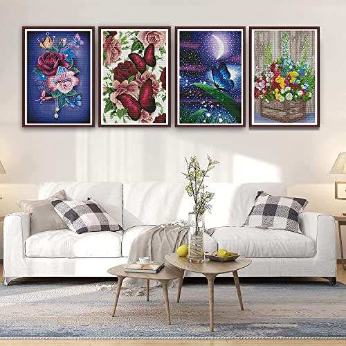 4 Pack Stamped Cross Stitch Kits - Counted Cross Stitch Kits for Beginners Adults Needlepoint Flowers Cross-Stitch Patterns Dimensions Needlecrafts Embroidery Kits Arts and Crafts(12X16inch)